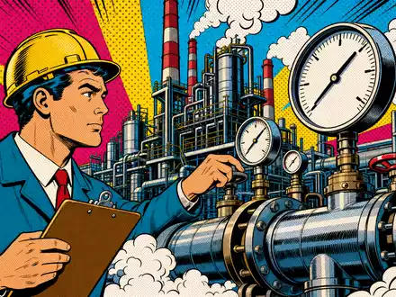 Spirax-Sarco Engineering plc GB00BWFGQN14 als Pop-Art-Comic: Ingenieur prüft Dampfanlage vor bunter Fabrikkulisse im Retrostil - Foto: THN