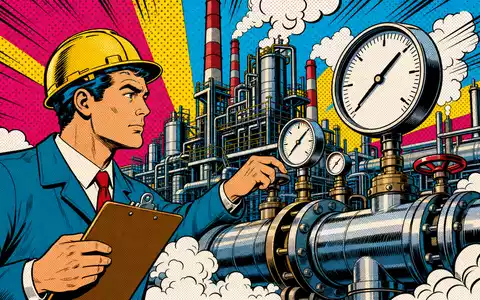 Spirax-Sarco Engineering plc GB00BWFGQN14 als Pop-Art-Comic: Ingenieur prüft Dampfanlage vor bunter Fabrikkulisse im Retrostil - Foto: THN
