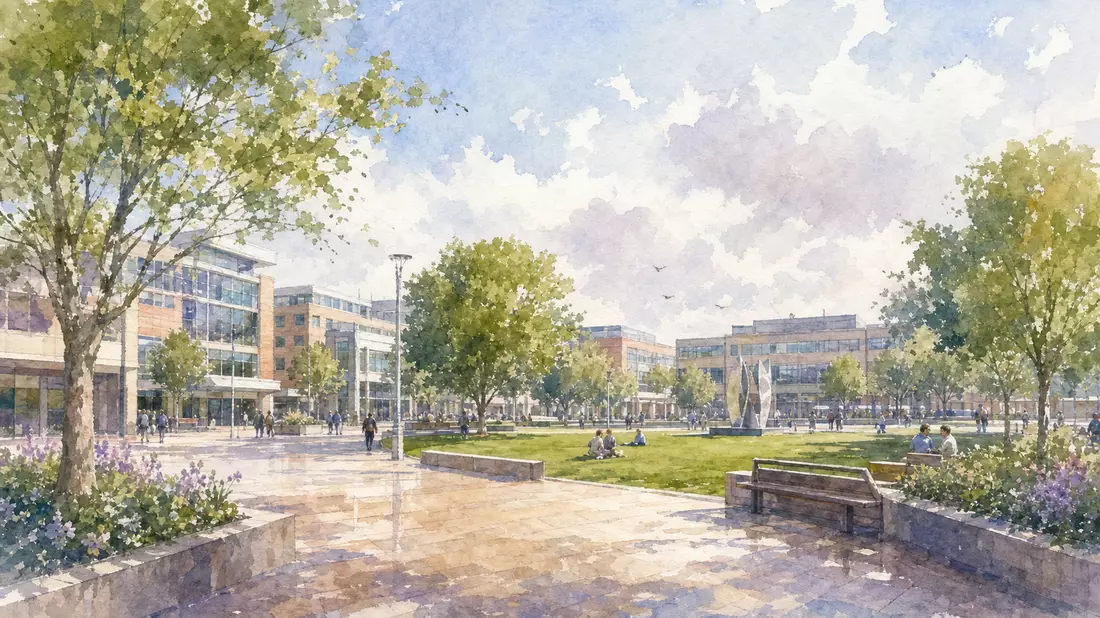 Aquarellbild einer ruhigen britischen Geschäftsstadt mit Bürogebäuden und Grünflächen