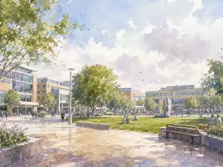 Aquarellmalerei zeigt britische Stadtansicht nahe Firmensitz von Rentokil Initial plc, ISIN GB00B082RF11, ruhige Geschäftsatmosphäre - Foto: THN