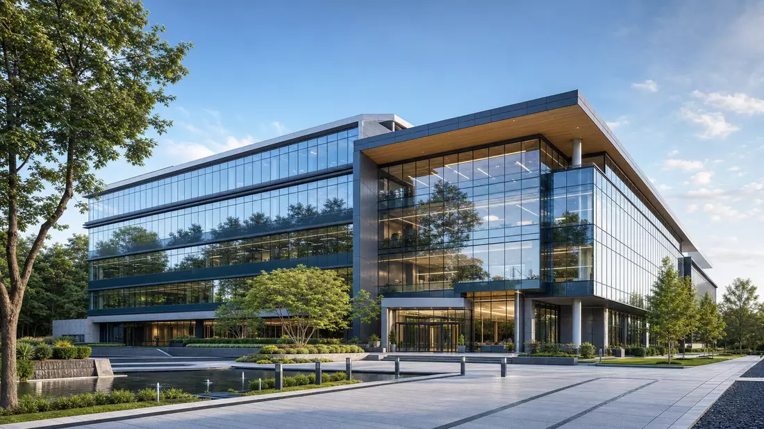 3D-Architekturrender eines modernen verglasten Bürogebäudes mit Grünanlage