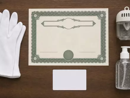 Flatlay mit Aktienzertifikat, ISIN-Karte und Hygieneartikeln repräsentiert Rentokil Initial plc, ISIN GB00B082RF11, Schädlingsbekämpfungsbranche - Foto: THN