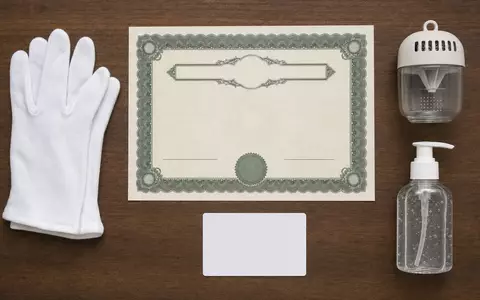 Flatlay mit Aktienzertifikat, ISIN-Karte und Hygieneartikeln repräsentiert Rentokil Initial plc, ISIN GB00B082RF11, Schädlingsbekämpfungsbranche - Foto: THN