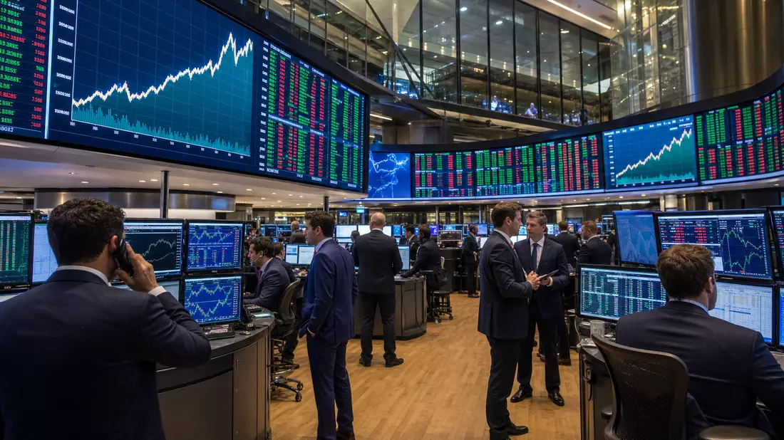 Trading-Floor der Börse mit großen Bildschirmen und Aktiencharts im Hintergrund