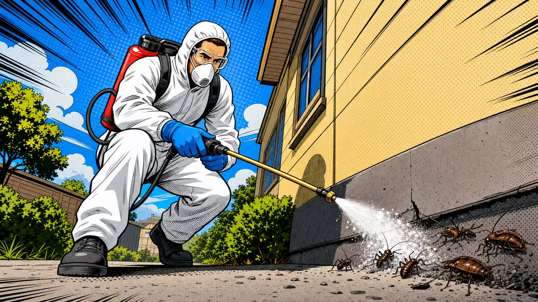 Pop-Art-Comic zeigt Schädlingsbekämpfer im Schutzanzug bei Sprüheinsatz