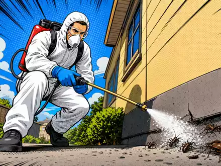 Pop-Art-Comic zeigt Schädlingsbekämpfer im Einsatz, passend zu Rentokil Initial plc, ISIN GB00B082RF11, farbenfrohe Szene - Foto: THN