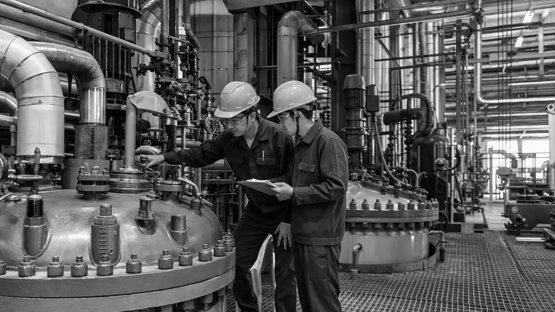 Schwarzweiß-Reportagefoto von Technikern an Chemiereaktoren in Industrieanlage