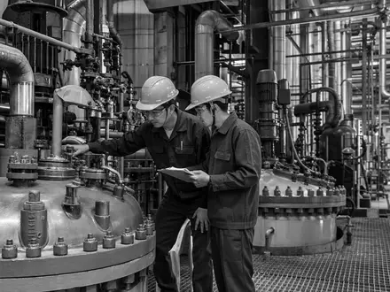 Croda International Plc (ISIN GB00BJFFLV09) zeigt Ingenieure bei Wartungsarbeiten an Reaktoren in dokumentarischer Schwarzweiß-Fotografie - Foto: THN