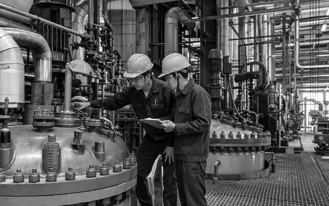 Croda International Plc (ISIN GB00BJFFLV09) zeigt Ingenieure bei Wartungsarbeiten an Reaktoren in dokumentarischer Schwarzweiß-Fotografie - Foto: THN
