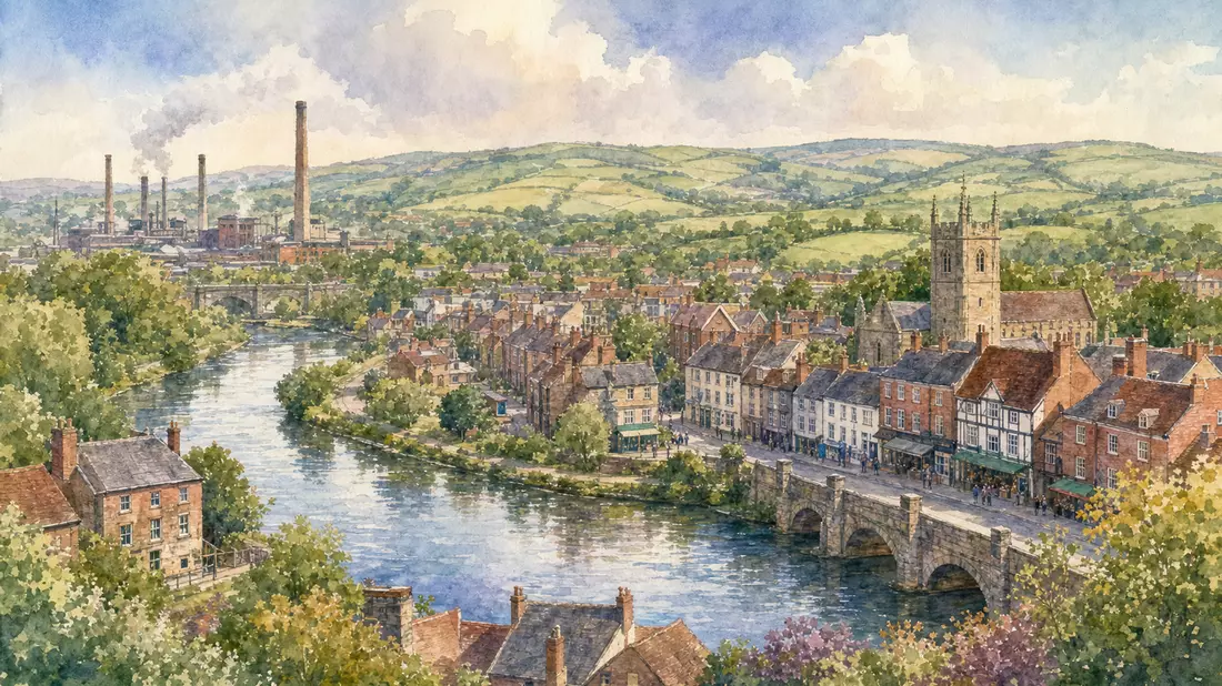 Aquarell einer englischen Flussstadt mit Brücke und Industrieschornsteinen