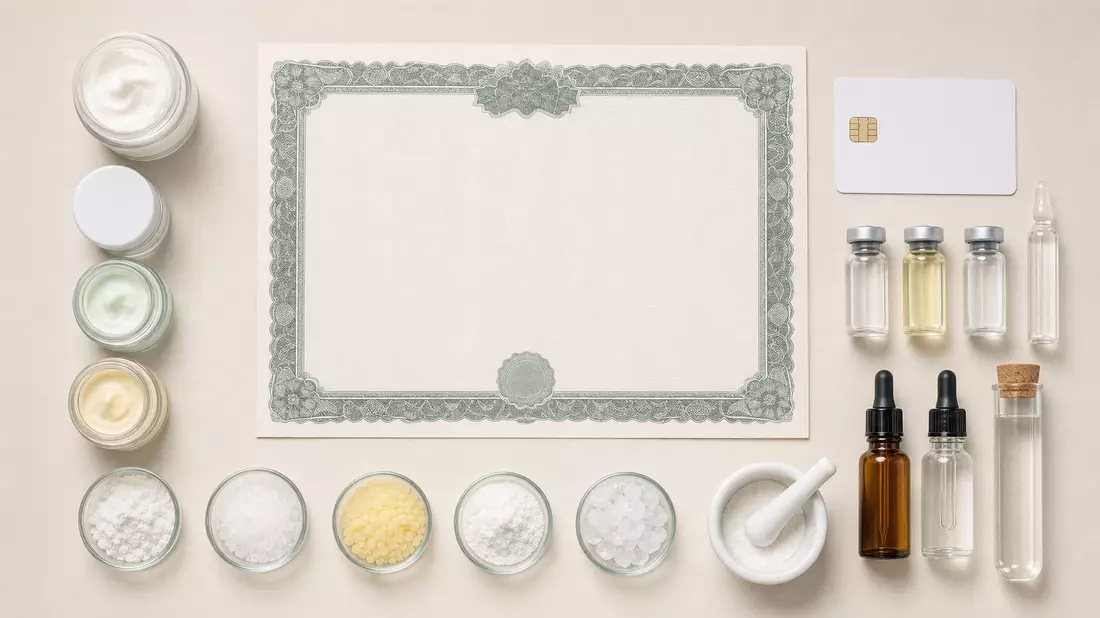 Flatlay mit Aktienzertifikat, ISIN-Karte, Cremetiegeln und Laborfläschchen