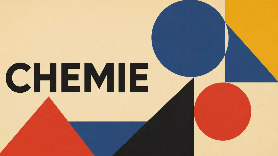 Bauhaus-Poster mit geometrischen Formen und Schriftzug CHEMIE in Primärfarben