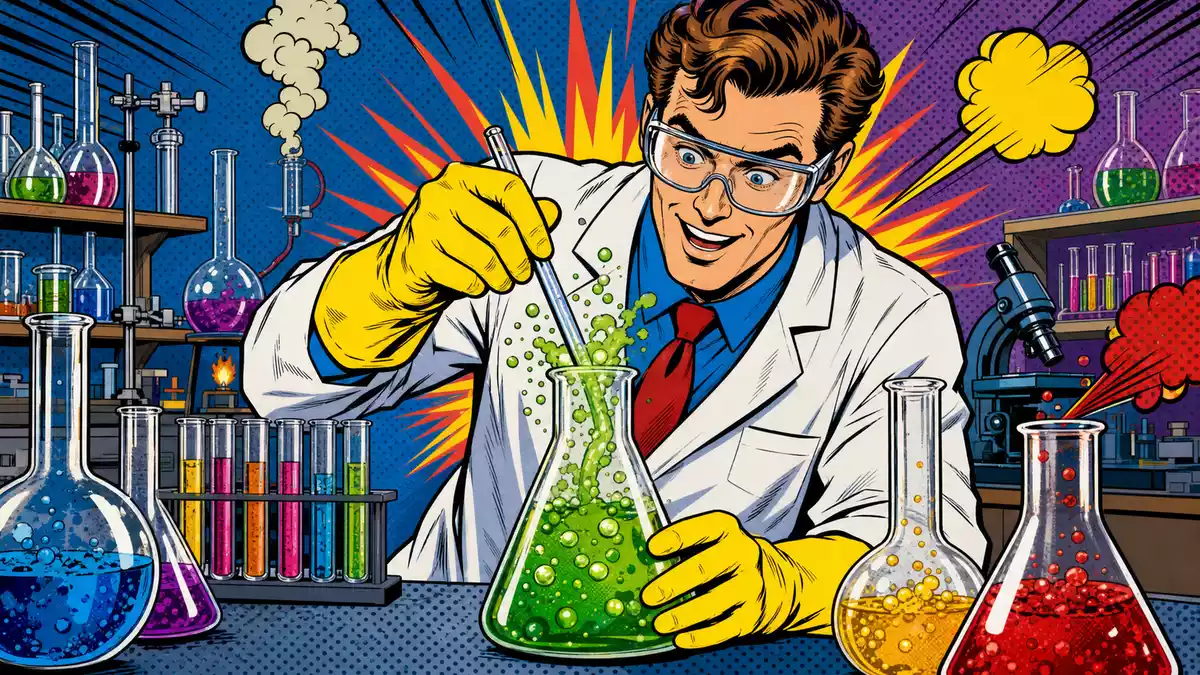 Pop-Art-Comic mit lachendem Chemiker und bunt sprudelnden Reagenzgläsern im Labor