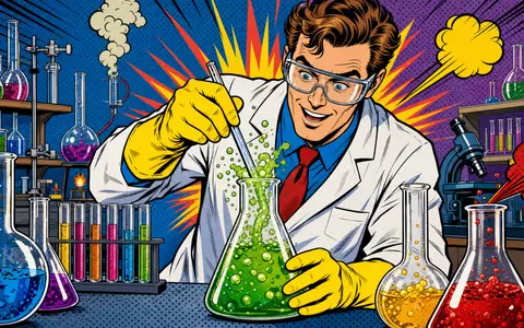 Croda International Plc (ISIN GB00BJFFLV09) wird augenzwinkernd als Pop-Art-Comic mit Chemiker und bunten Reagenzgläsern gezeigt - Foto: THN