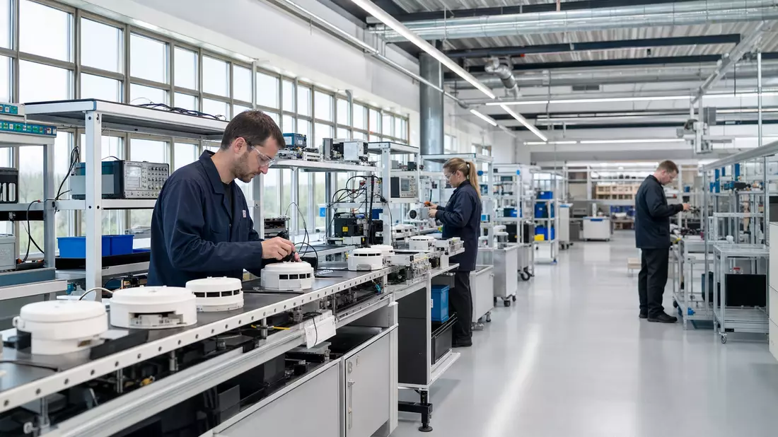 Ingenieure montieren Brandmelder in heller Fabrikhalle mit Fensterfront