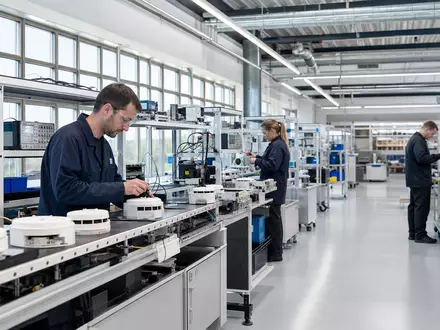 Halma plc (ISIN GB0004052071) fertigt in moderner Fabrik hochpräzise Sicherheitssensoren und Brandmeldetechnik für Industriekunden weltweit - Foto: THN