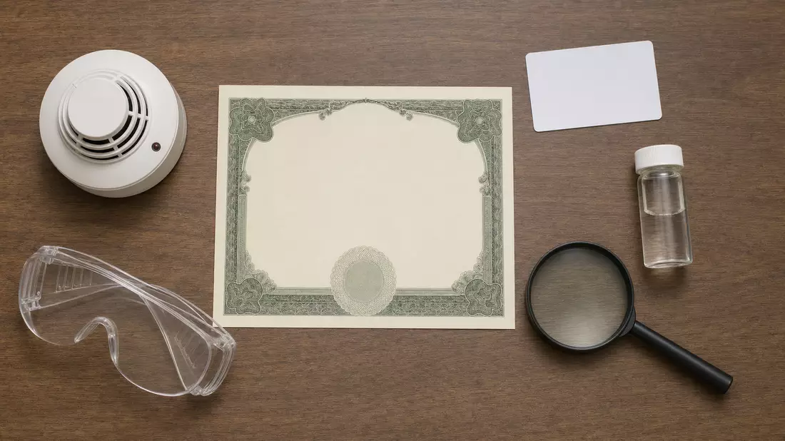 Flatlay mit Aktienzertifikat, ISIN-Karte, Brandmelder und Schutzbrille