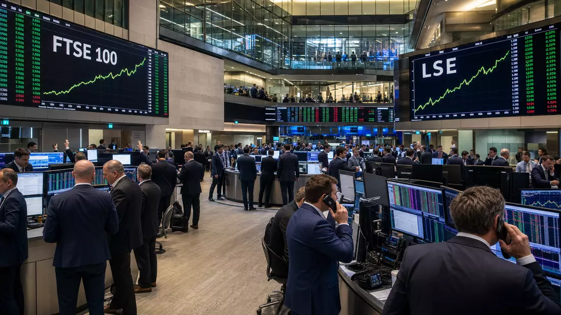 Editorialfoto vom Börsenparkett mit Kurscharts unter FTSE 100 und LSE
