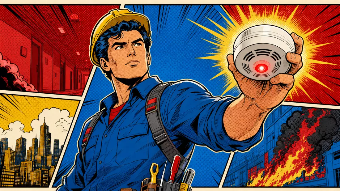 Pop-Art-Comic zeigt Techniker mit leuchtendem Brandmelder vor Feuerszene