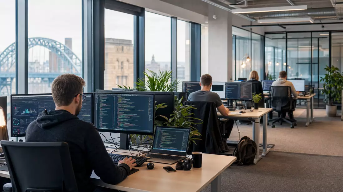 Modernes Softwareunternehmen-Büro mit Entwicklern an Bildschirmen, Newcastle-Atmosphäre