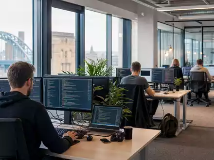 The Sage Group plc (GB00B8C37574) zeigt ein modernes Bürogebäude mit Softwareentwicklern an Computerarbeitsplätzen in Newcastle - Foto: THN