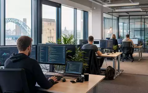 The Sage Group plc (GB00B8C37574) zeigt ein modernes Bürogebäude mit Softwareentwicklern an Computerarbeitsplätzen in Newcastle - Foto: THN