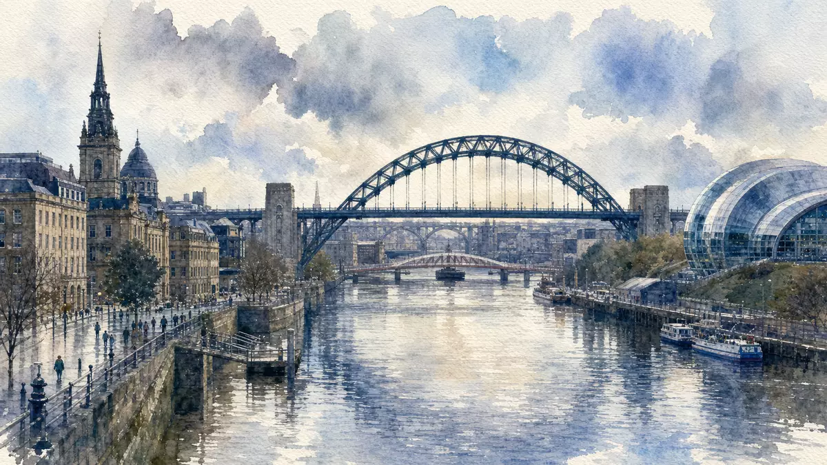 Aquarellmalerei der Stadt Newcastle mit Fluss, Brücken und Skyline im Hintergrund