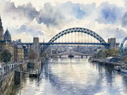 The Sage Group plc (GB00B8C37574) als Aquarellgemälde der Stadt Newcastle mit Fluss und Brücken dargestellt - Foto: THN