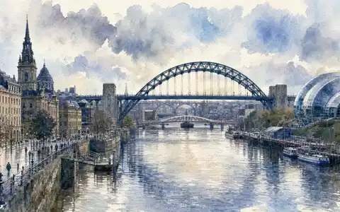 The Sage Group plc (GB00B8C37574) als Aquarellgemälde der Stadt Newcastle mit Fluss und Brücken dargestellt - Foto: THN