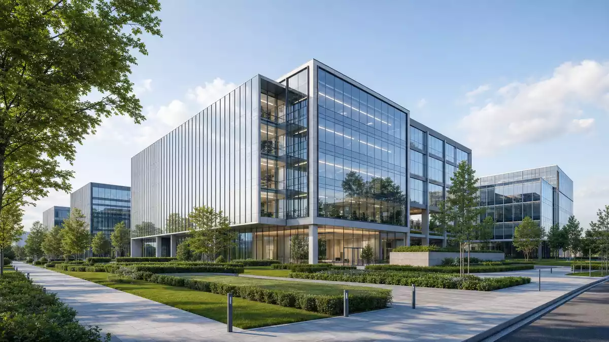 Architektur-3D-Render eines modernen Bürokomplexes mit Glasfassade und Grünflächen