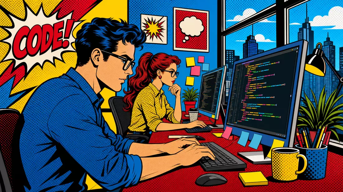 Pop-Art-Comic-Illustration von Programmierern an bunten stilisierten Computern