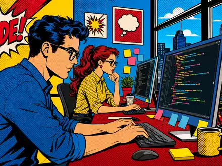 The Sage Group plc (GB00B8C37574) in bunter Pop-Art-Comic-Szene mit Programmierern und stilisierten Computerbildschirmen dargestellt - Foto: THN