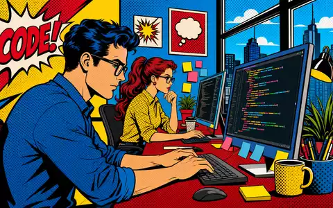 The Sage Group plc (GB00B8C37574) in bunter Pop-Art-Comic-Szene mit Programmierern und stilisierten Computerbildschirmen dargestellt - Foto: THN