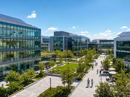 Alexandria Real Estate Equities REIT US0152711022 moderner Biotech Campus mit gläsernen Fassaden Sonnentag Fotorealismus - Foto: THN