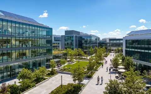 Alexandria Real Estate Equities REIT US0152711022 moderner Biotech Campus mit glÀsernen Fassaden Sonnentag Fotorealismus - Foto: THN