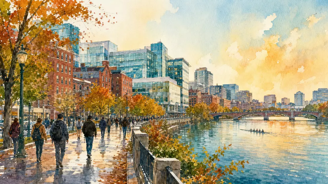 Aquarell-Illustration Cambridge-Biotech-Cluster mit Charles River im Herbst
