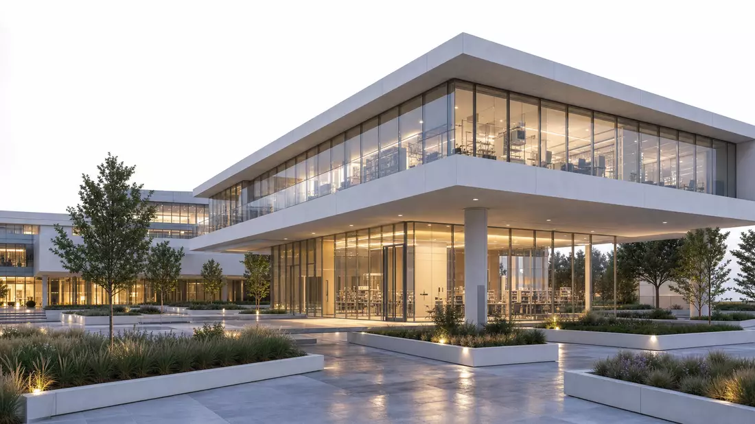 CGI-Architektur-Render modernes Life-Science-Bürogebäude in der Dämmerung