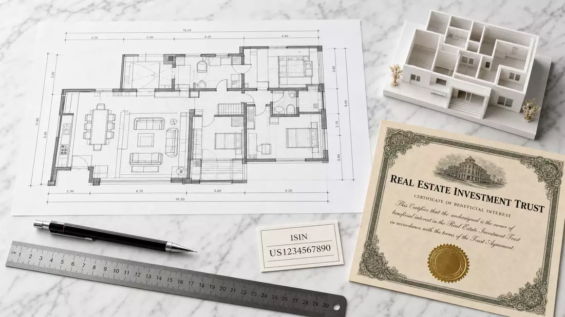 Flatlay mit Architektur-Grundriss, Miniaturgebäude und REIT-Zertifikat