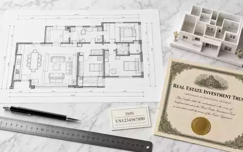 Alexandria Real Estate Equities REIT US0152711022 Flatlay Grundriss Miniatur Gebäude REIT Zertifikat und ISIN Karte - Foto: THN