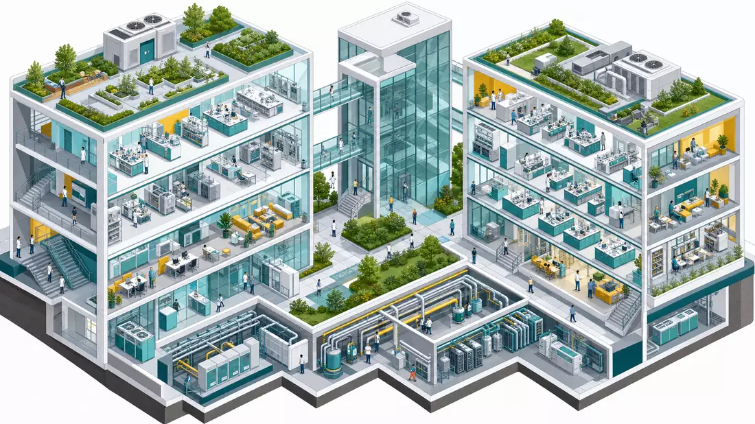 Isometrische 3D-Schnittansicht Biotech-Campus mit freigelegten Laboretagen
