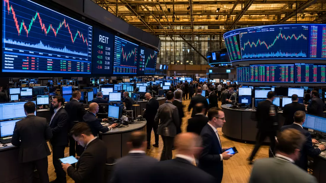 Geschäftiger NYSE-Börsensaal mit REIT-Aktiencharts auf LED-Wänden