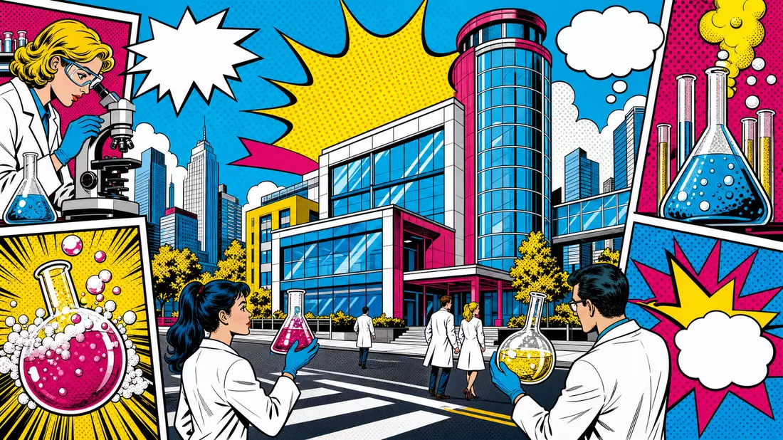 Pop-Art-Comic stilisiertes Laborgebäude mit Wissenschaftler-Figuren und Halbtonpunkten