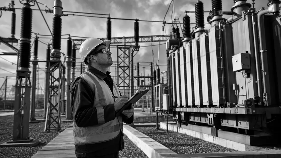Techniker bei Umspannwerk-Inspektion – SW-Reportage Energieversorgung