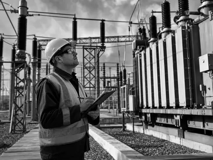 Alliant Energy Corp. US0188021085 Techniker inspiziert Hochspannungs Umspannwerk Schwarzweiß Reportage Industrie Foto Iowa - Foto: THN