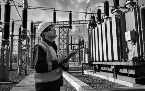 Alliant Energy Corp. US0188021085 Techniker inspiziert Hochspannungs Umspannwerk Schwarzweiß Reportage Industrie Foto Iowa - Foto: THN