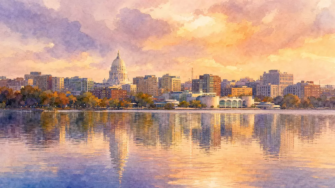 Madison Wisconsin Skyline am See – Aquarell Hauptquartier Alliant Energy