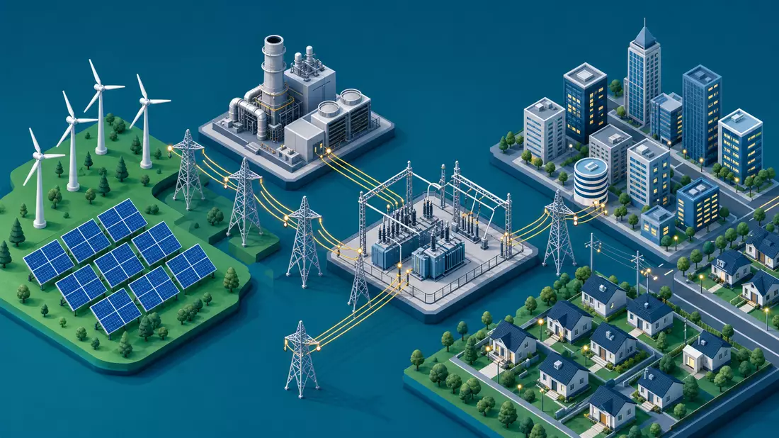Isometrische 3D-Darstellung Energieerzeugung Wind Solar Gas Stromnetz Verbraucher