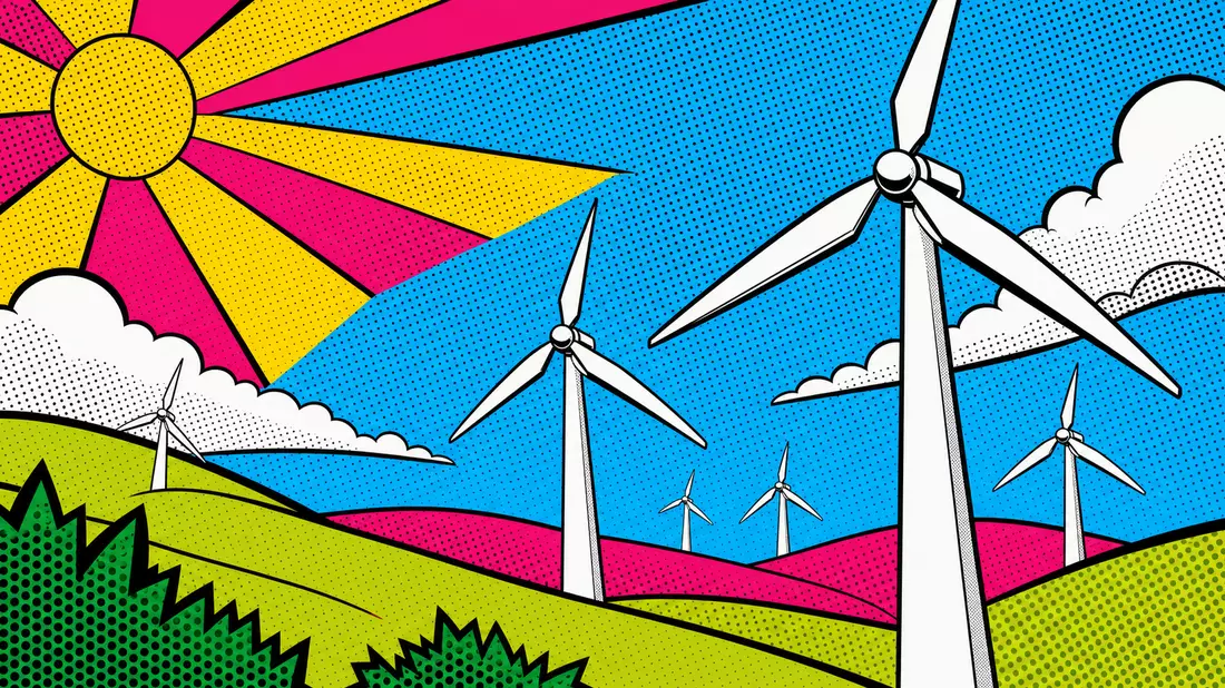 Pop-Art Comic Windradlandschaft Halftone Iowa Wisconsin Erneuerbare Energie