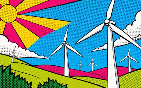 Alliant Energy Corp. US0188021085 Pop-Art Comic Windrad Landschaft Halftone Iowa Wisconsin Erneuerbare Energie - Foto: THN