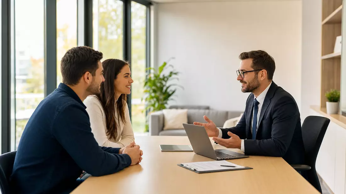 Versicherungsberater im modernen Büro mit Kundenpaar beim Beratungsgespräch